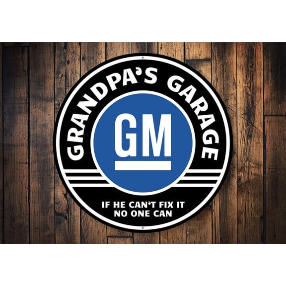 Grandpas GM Garage Grandpas Car Sign General Motors Decor Garage For GM Car Lovers General Motors Garage Decor - Metal Round SignSize: 12 x 12 inch