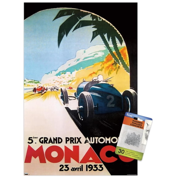 Grandprix Automobile Monaco 1933 Wall Poster with Push Pins, 14.725" x 22.375"