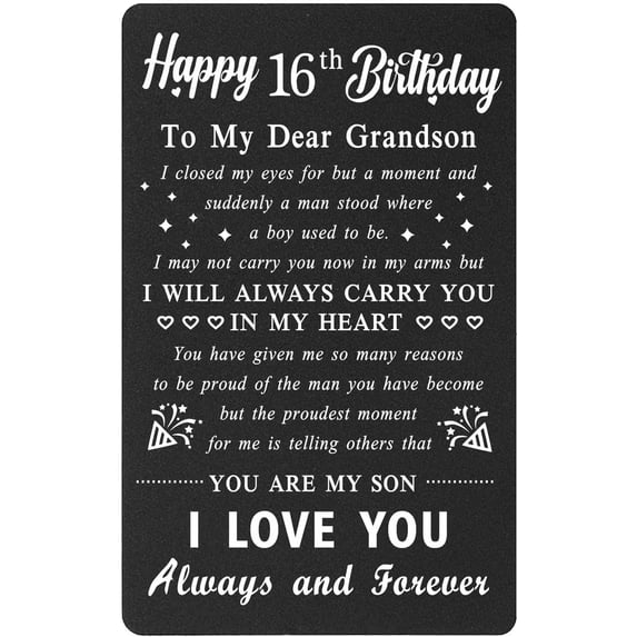 Grandson 16th Birthday Cards for Him, 16 Year Old Gifts from Grandma Grandpa, Metal Wallet Card