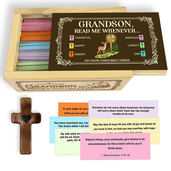 Grandson Bible Verse Box, Maple Wood Scripture Box with 150 Color Coded Verses, Christian Gift Box with Wooden Cross, Inspirational Faith Gift for Grandson