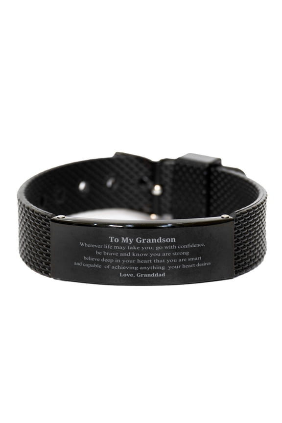 Grandson Black Shark Mesh Bracelet - Unique Engraved Gift for Birthday, Graduation, Christmas - Inspirational Confidence Jewelry for Grandson from Granddad