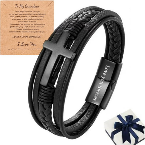 To My Grandson Bracelet from Grandma,To My Grandson Cross Leather Bracelet,Grandson's Faith Love You Forever Mens Leather Cross Braided Leather Bracelets Birthday Gift (Black)