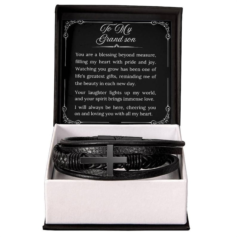 To My Grandson Bracelet from Grandmother/Grandfather, To My Grandson Gift, Bracelet for Grandson, Religious Gift, Grandparent to Son Gift, Cross Bracelet for Grandson with Message Card and Gift Box