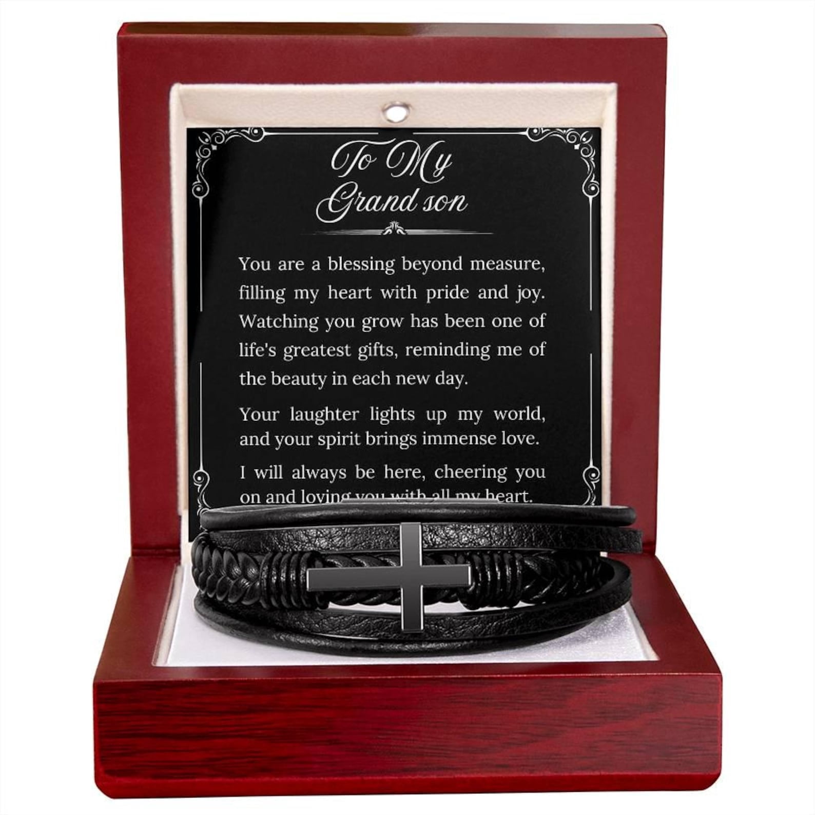 To My Grandson Bracelet from Grandmother/Grandfather, To My Grandson Gift, Bracelet for Grandson, Religious Gift, Grandparent to Son Gift, Cross Bracelet for Grandson with Message Card and LED Box