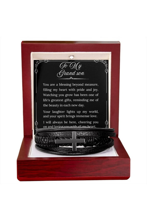 To My Grandson Bracelet from Grandmother/Grandfather, To My Grandson Gift, Bracelet for Grandson, Religious Gift, Grandparent to Son Gift, Cross Bracelet for Grandson with Message Card and LED Box