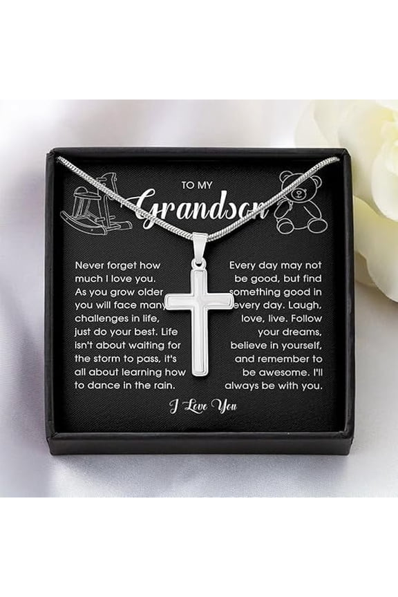 To My Grandson Cross Necklace, Meaningful Christian Necklace Gift for Him, Unique Sentimental Birthday Christmas Gift, Cross Jewelry Present from Grandma Grandpa