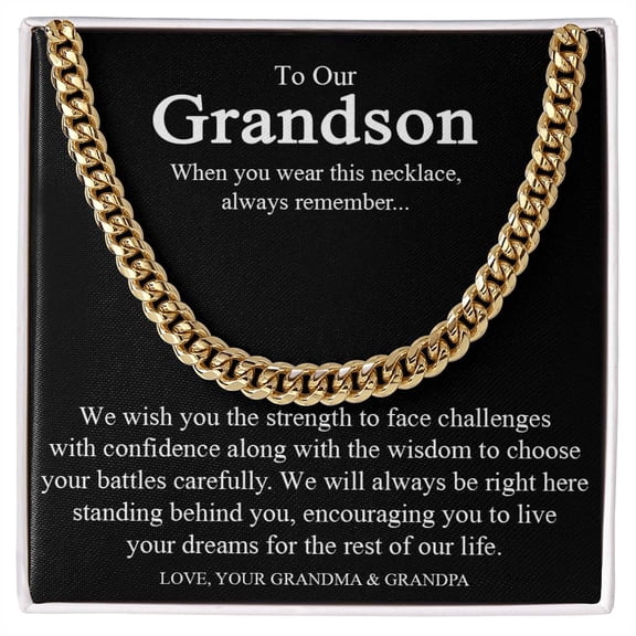 To Our Grandson Cuban Link Chain Necklace, Gift for Grandson from Grandparents, Grandson Birthday, Graduation Gift, Cuban Link Chain, Stainless Steel or Yellow Gold, Message Card & Gift Box