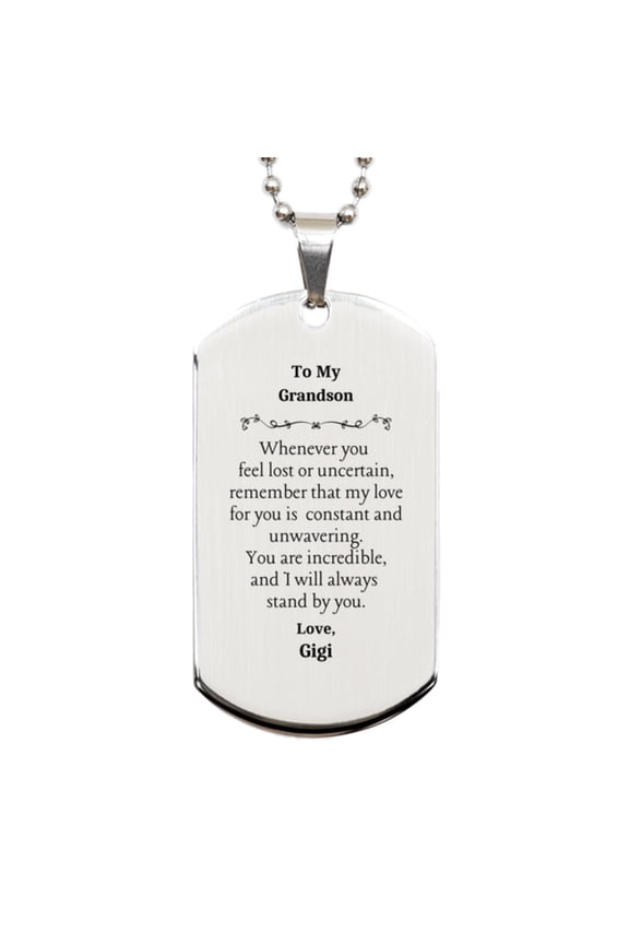 Grandson Engraved Silver Dog Tag - A Meaningful Gift for Him, Birthday, Christmas, Graduation, Veterans Day, Easter - Constant and Unwavering Love from Gigi