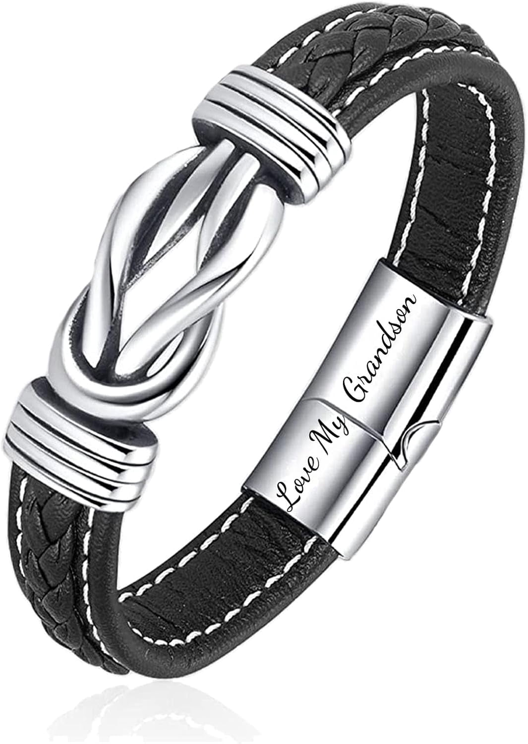 to My Grandson, Grandmother and Grandson Forever Linked Together Leather Braided Bracelet, Men's Braided Leather Knot Wristband Cuff Bracelet, Inspirational Bracelet Gift