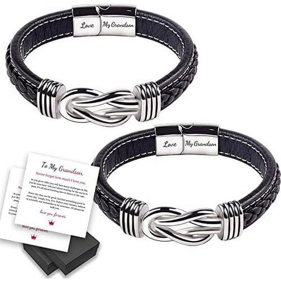 to My Grandson, Grandmother and Grandson Forever Linked Together Leather Braided Bracelet, Men's Braided Leather Knot Wristband Cuff Bracelet, Inspirational Bracelet Gift