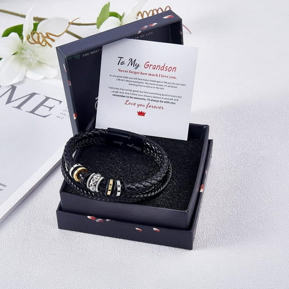 to My Grandson Leather Bracelet Love You Forever Leather Bangle Bracelet Black Inspirational Bangle Bracelet Graduation Birthday Gifts for Son Grandson