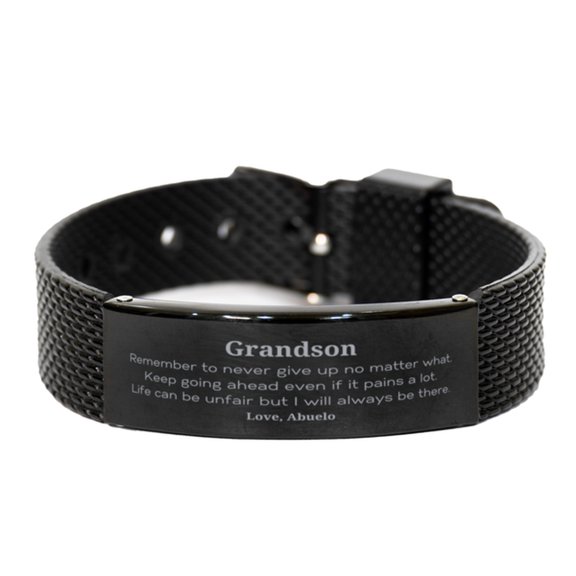 Grandson Motivational Gifts from Abuelo, Remember to never give up no matter what, Inspirational Birthday Black Shark Mesh Bracelet for Grandson