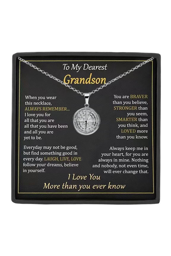 Grandson Necklace Inspirational Compass Pendant with "To My Dearest Grandson" Message Card, Gift from Grandma or Grandpa