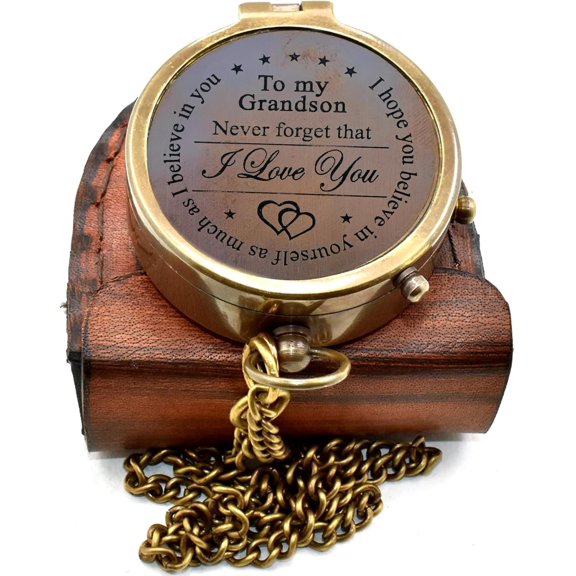 to My Grandson Vintage Style Brass Antique Compass with Leather Case | Lightweight Pocket Compass Gift for Every Occasion Birthday Gift for Grandson Graduation Gift Grandpa to Grandson Gift
