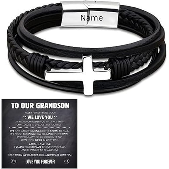 Grandson's Eternal Guardian Faith Bracelet, Stainless Steel Engraved Name Grandson Bracelet from Grandma, Mens Leather Cross Customized bracelet