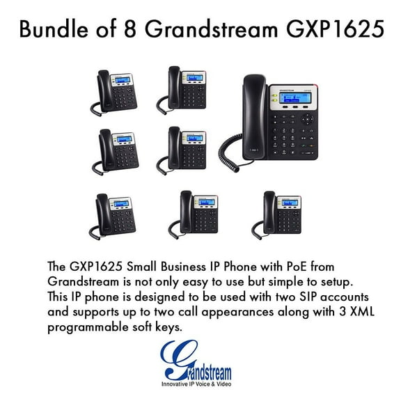 Grandstream GXP1625, 2 SIP acct., SMB IP Phone, Multi-language PoE Bundle of 8