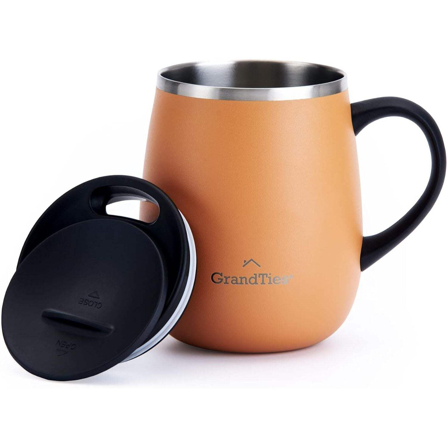 GRANDTIES Grandties Insulated Coffee Mug With Handle - Sliding Lid For Splash-Proof 16 Oz Wine-Glass Shape Thermal Tumbler With Double Walled Vacuum Stainless Steel To Keeps Beverages Hot Or Cold - Pearl