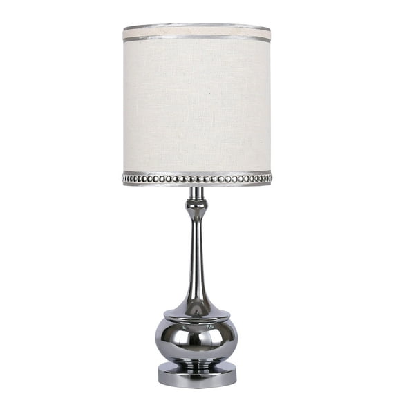 Grandview Gallery 24" Mirrored Polished Chrome Table Lamp ft. Unique Turned Body and Natural Linen Drum Shade with Satin Silver-Edged Studded Self Trim