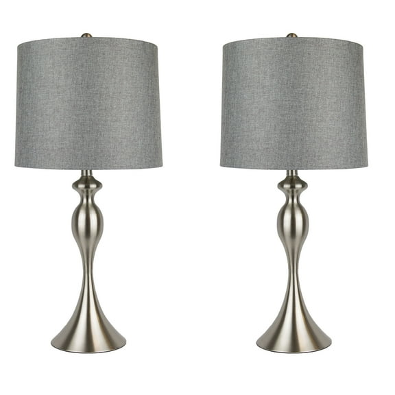 Grandview Gallery Table Lamps with Grey Shade, Set of 2 Brushed Nickel Body with Gray Linen Shade, 26.5 Table Lamps for Bedside, Dressers and More