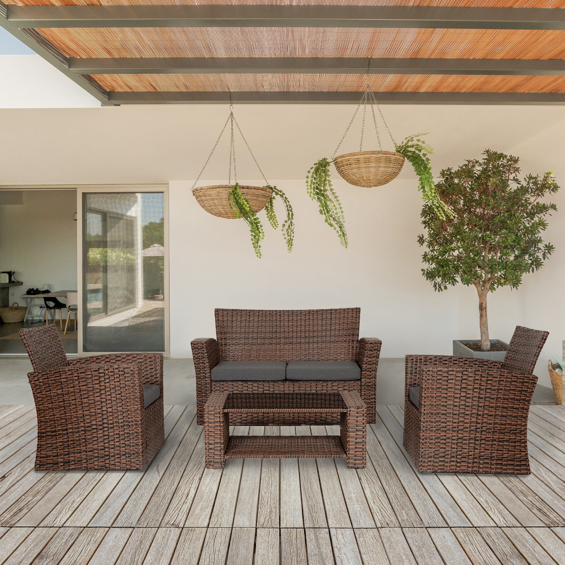 Grandview 4-Piece Brown Wicker Patio Set with Gray Cushions