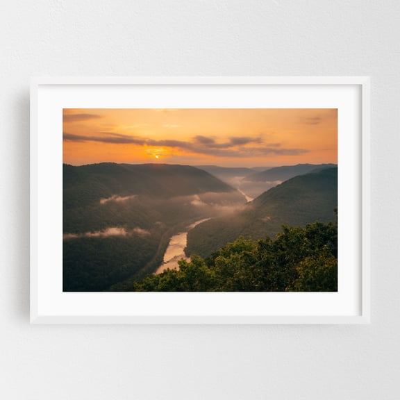 Grandview Sunrise, New River Gorge 02 - Glen Jean West Virginia Photography Landscape Nature Sunset Mountain Scenic Forest White Framed Wall Art Print 5 x 7 inches