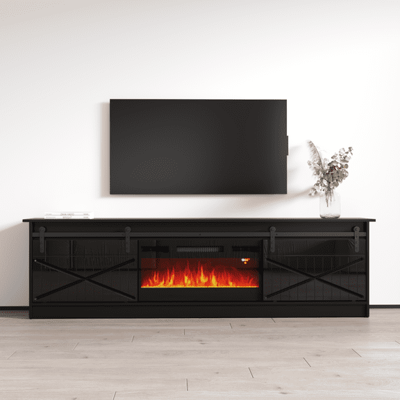 Granero BL-EF Fireplace TV Stand for TVs up to 90", Modern High Gloss 79" Entertainment Center, Electric Fireplace TV Media Console with Storage Cabinets
