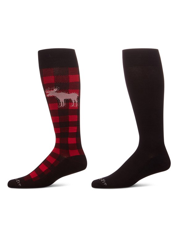 2 Pair Unisex Moose-Themed/Solid-Color Cotton-Blend Compression Socks, 10-13, Red-Black