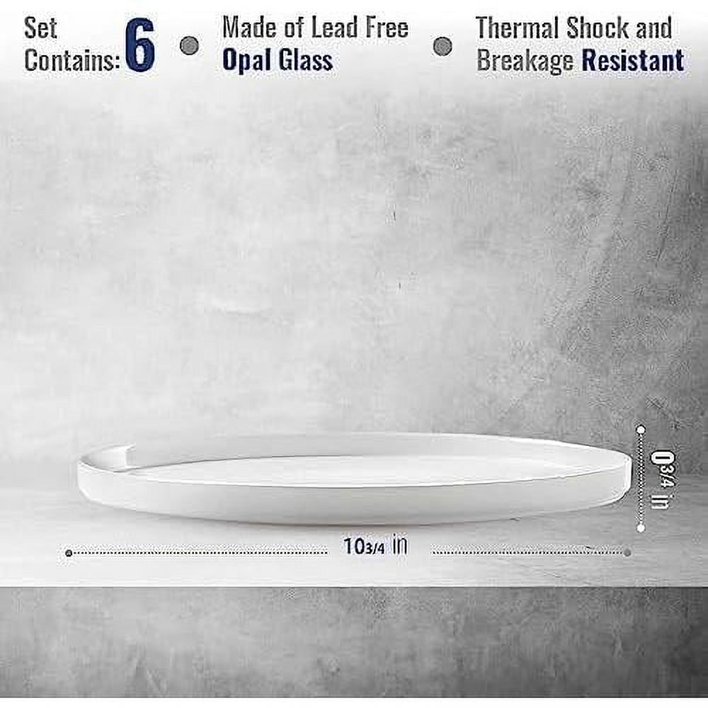 Grangusto Italiana Set Of 6 Flat Plates, Tempered Opal Glass, Clean White, 10.75 Inch. Dinner