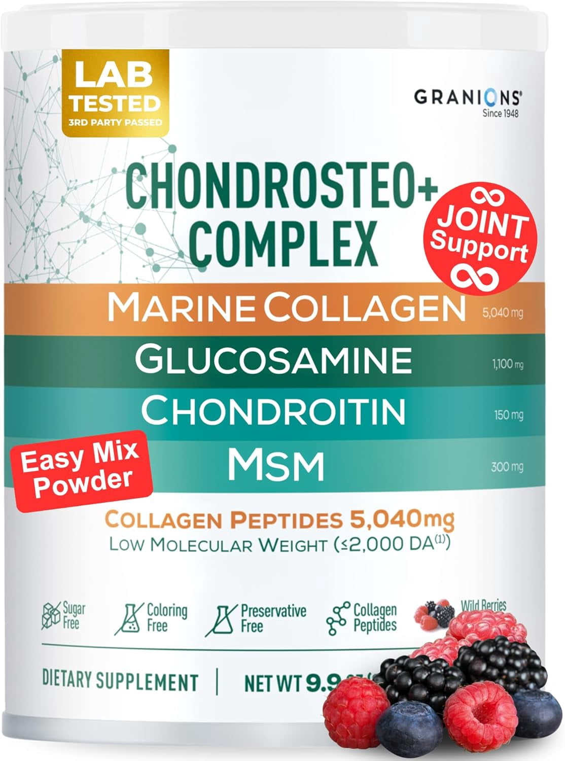 GRANIONS Collagen + Glucosamine Chondroitin MSM Powder, Joint Support, Wild Berries, 9.7 oz