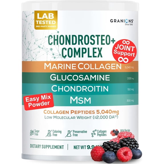 GRANIONS Collagen + Glucosamine Chondroitin MSM Powder, Joint Support, Wild Berries, 9.7 oz