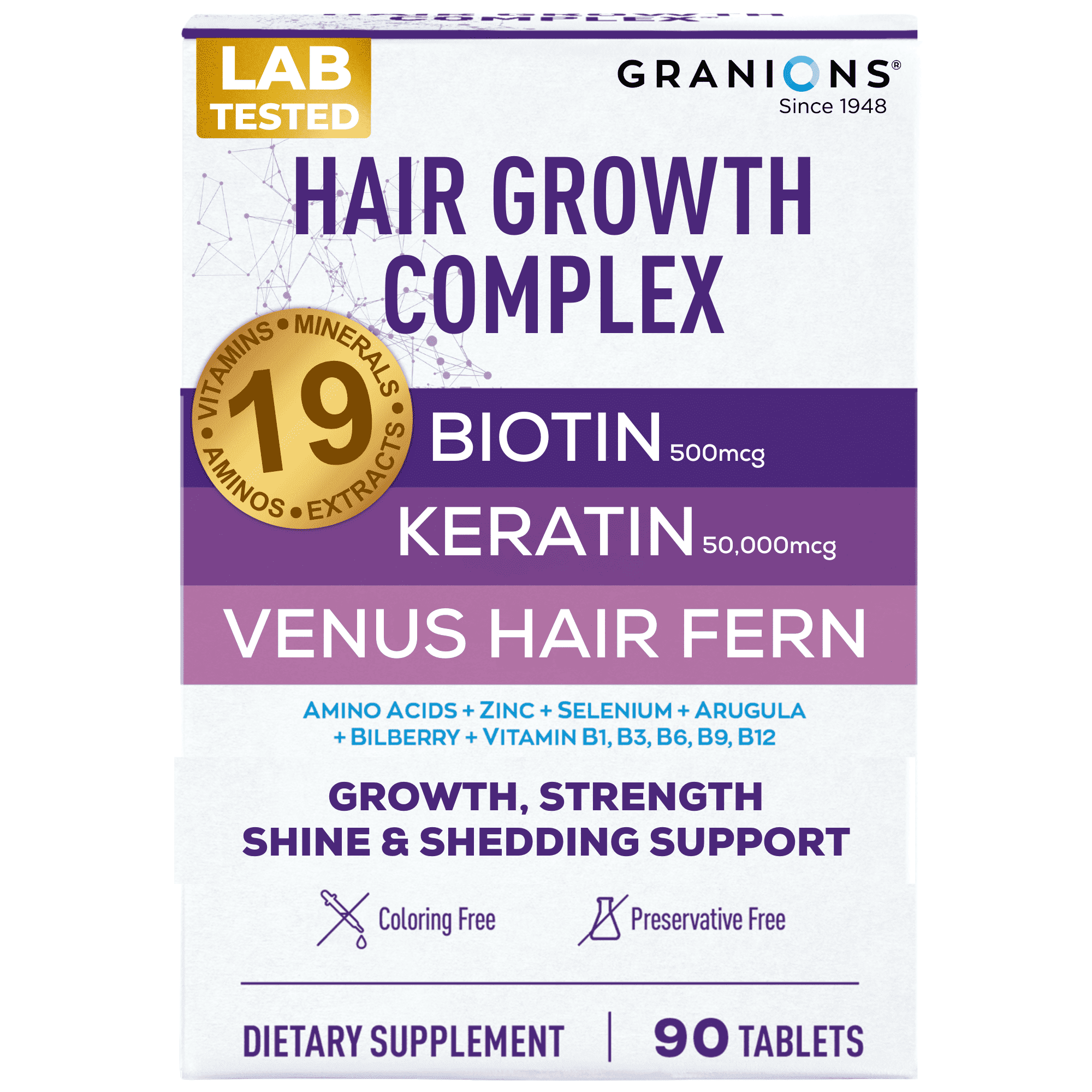 Granions Hair Growth Supplements - Biotin, Keratin & Amino Acids, Zinc & Selenium Pills - 90 Tablets