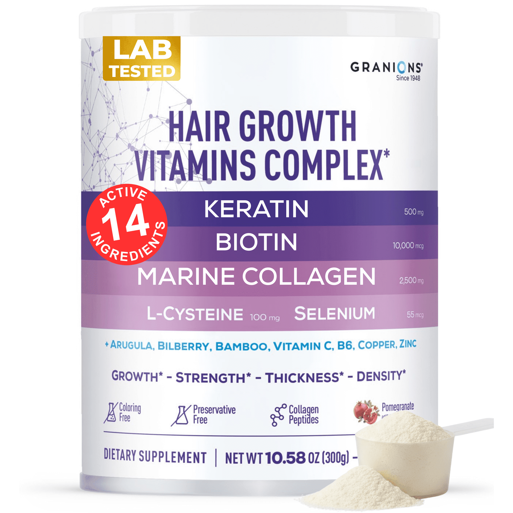 Granions Hair Supplements for Hair Growth Powder - Collagen Peptides, Biotin 10,000, Keratin, Aminos - 10.5oz