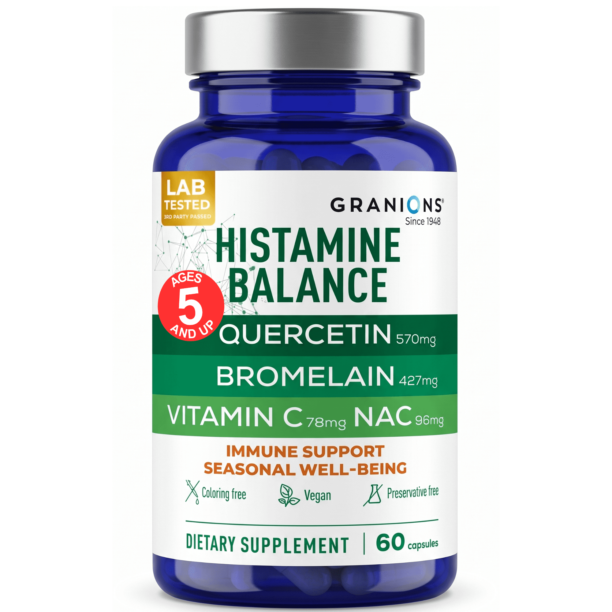 Granions Histamine Balance Complex - Quercetin with Bromelain, NAC - D-Hist Seasonal Histamine Blocker & Immune Support - 60 Vegan Capsules