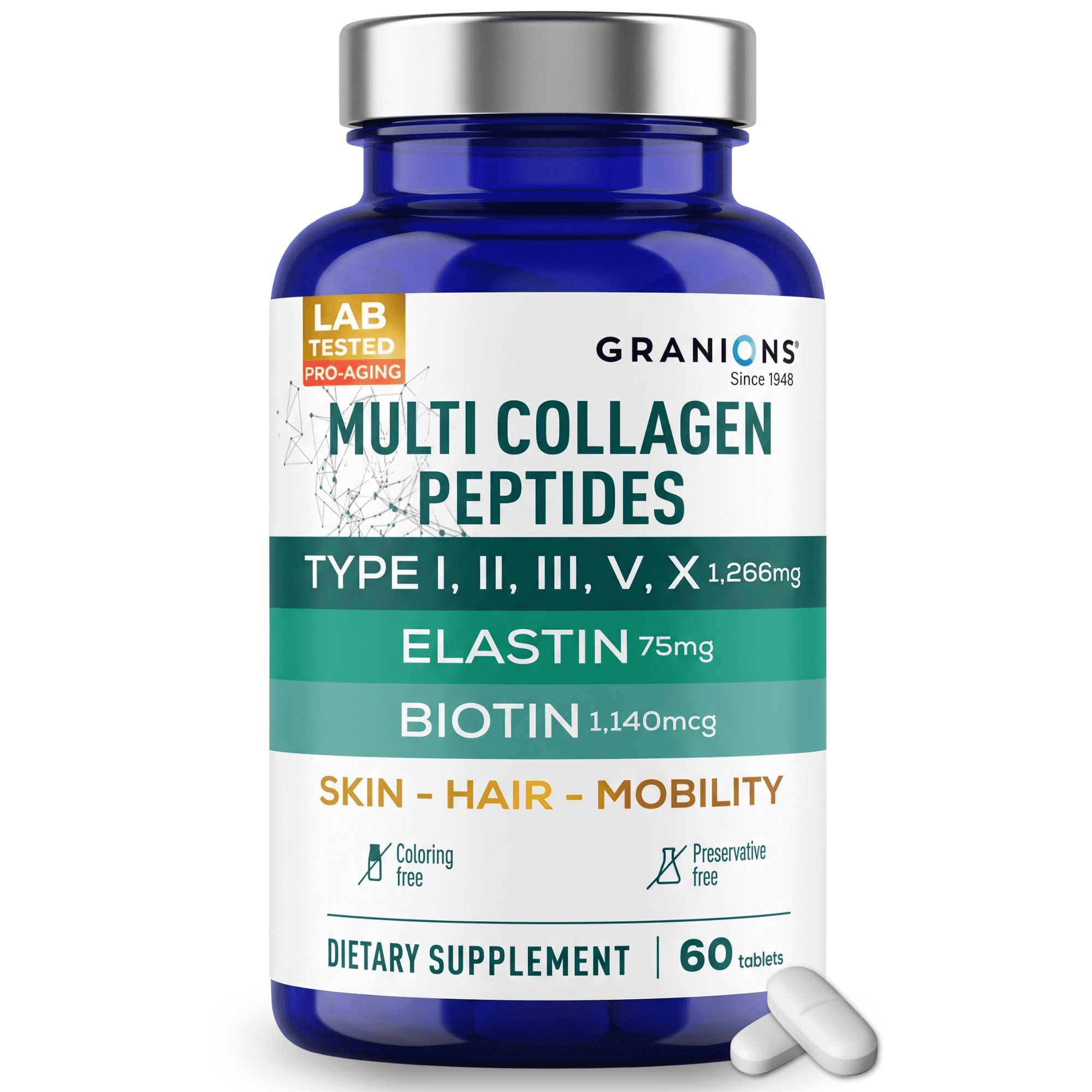Granions Hydrolyzed Multi Collagen Peptides Pills  - Type I, II, III, V, X Marine Collagen, Hyaluronic Acid, Biotin - 60 Tablets