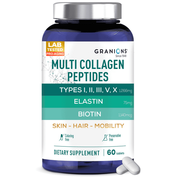 Granions Hydrolyzed Multi Collagen Peptides Pills  - Type I, II, III, V, X Marine Collagen, Hyaluronic Acid, Biotin - 60 Tablets