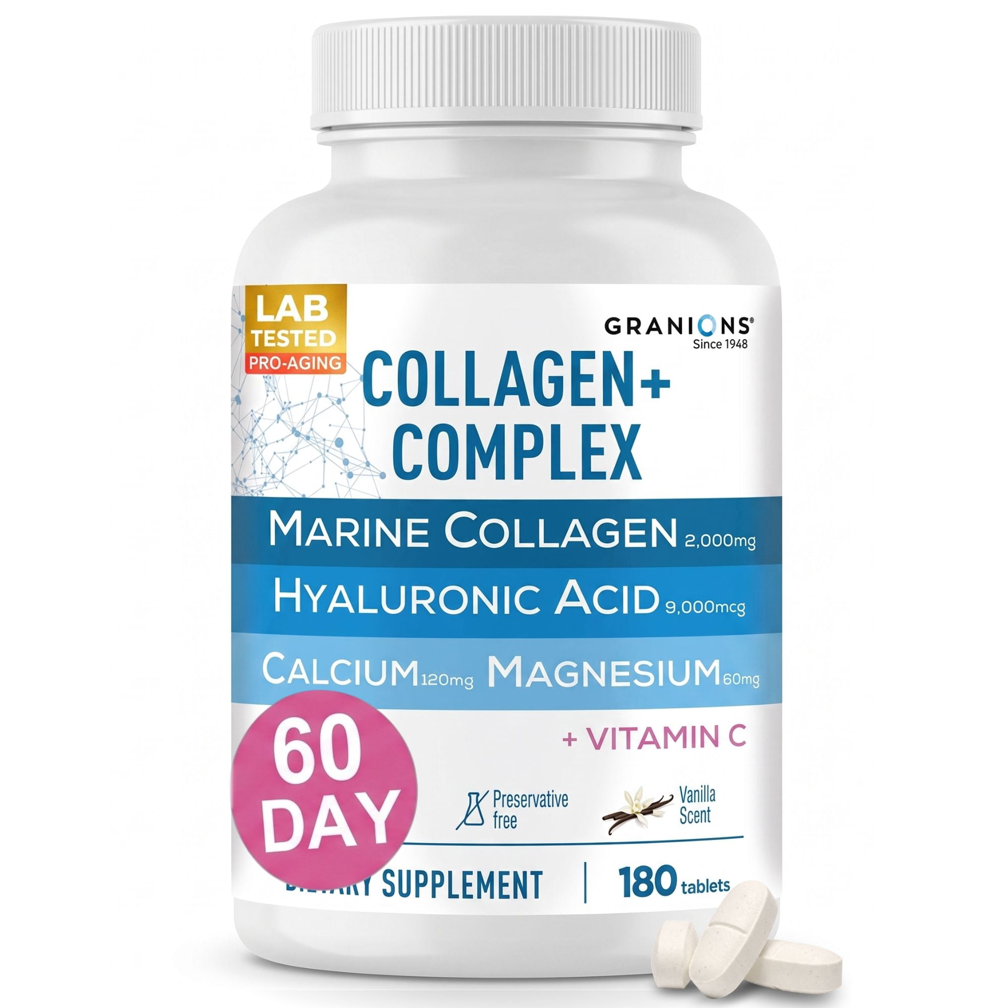 Granions Marine Collagen Pills Vanilla, Collagen + Hyaluronic Acid + Vitamin C, 180 Tablets