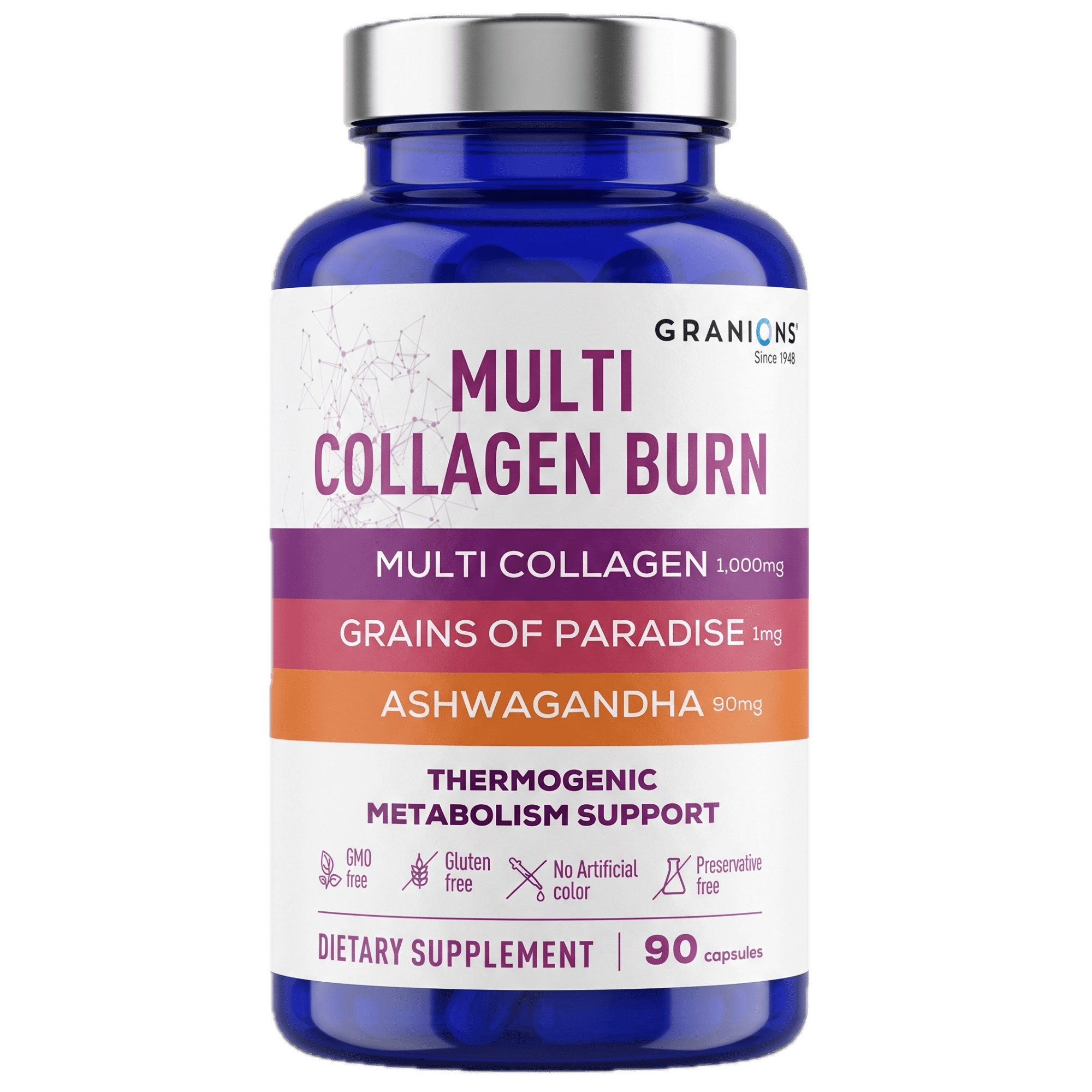 Granions Thermogenic Hydrolyzed Collagen Burn - Hyaluronic Acid, Vitamin C - Cellulite Defense and Dermal Repair Multi Collagen Peptides Capsules for Women and Men - 90 Pills