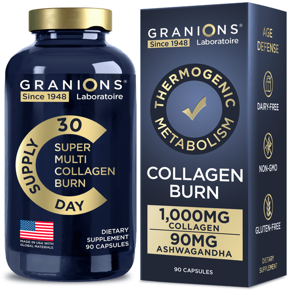 Granions Thermogenic Hydrolyzed Collagen Burn - Hyaluronic Acid, Vitamin C - Cellulite Defense and Dermal Repair Multi Collagen Peptides Capsules for Women and Men - 90 Pills