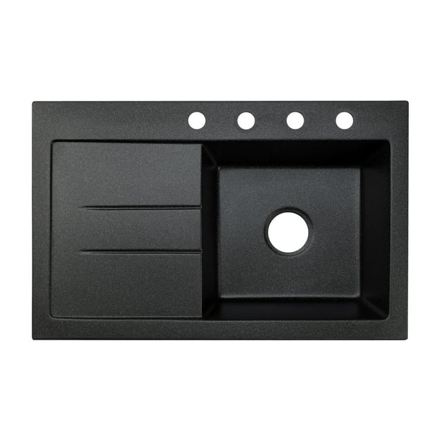 Granite Composite 31" Drop in with Drainboard Single Bowl Kitchen Sink Delux Left-4 Holes, Black
