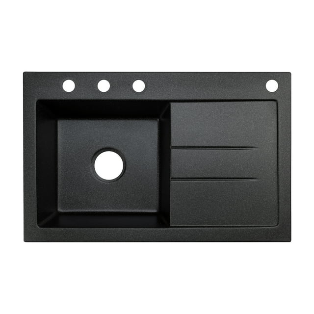 Granite Composite 31" Drop in with Drainboard Single Bowl Kitchen Sink Delux Right-4 Holes, Black