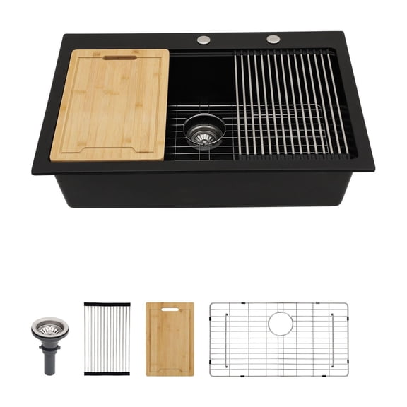 Granite Composite Kitchen Sink Drop In, 33in Single Bowl Workstation Sink with Drying Rack, Cutting Board, Strainer, Bottom Grid, White/Black