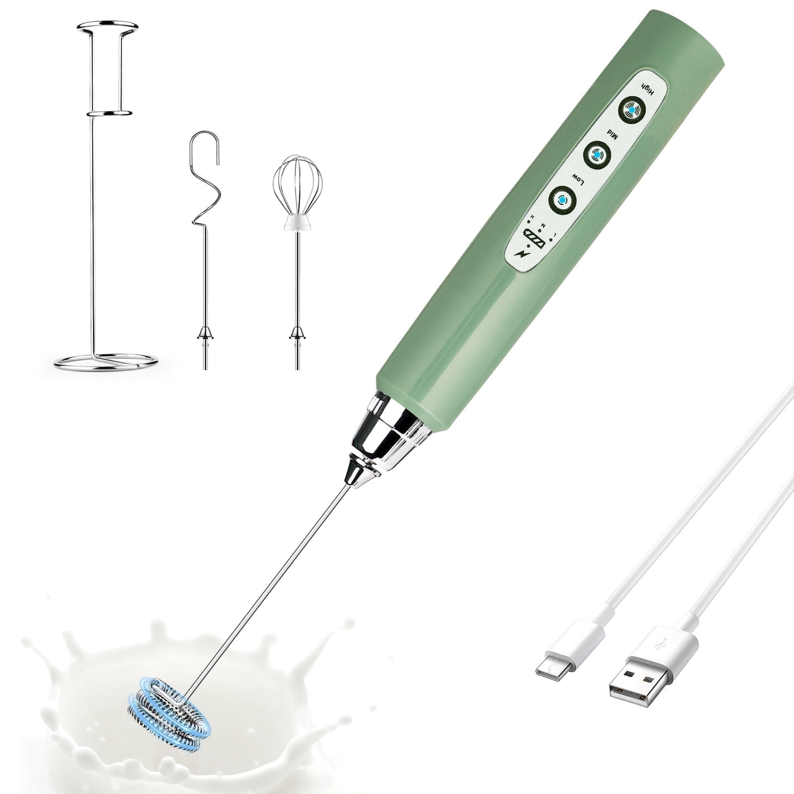 Granite Handheld Milk Frother Wand with Stand for Coffee, Rechargeable Electric Whisk with 3 Heads 3 Speeds Drink Mixer Coffee Frother For Latte, Cappuccino, Hot Chocolate, Egg