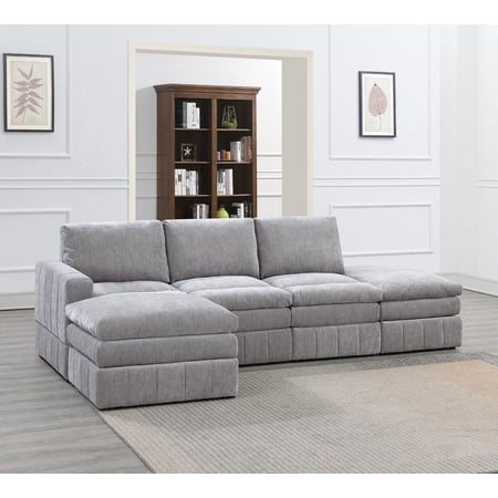 Granite Morgan Fabric Plush Cushion Couch 5pc Modular Sectional Set 1x Corner Wedge 2x Armless Chairs 2x Ottomans Living Room