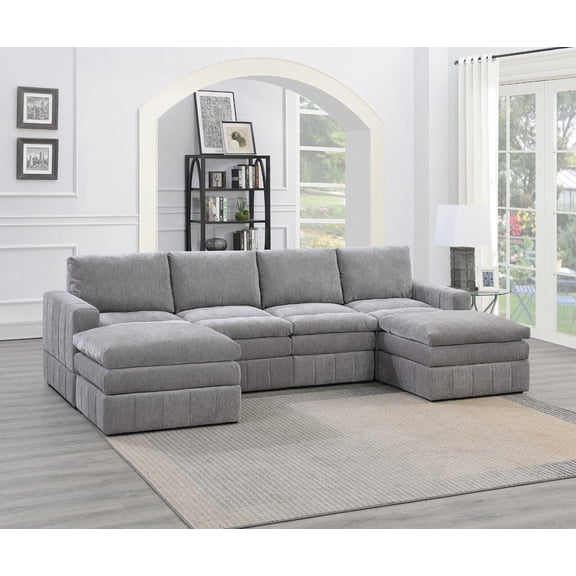 Granite Morgan Fabric Plush Cushion Couch 6pc Modular Sectional Set 2x Corner Wedge 2x Armless Chairs 2x Ottoman Living Room