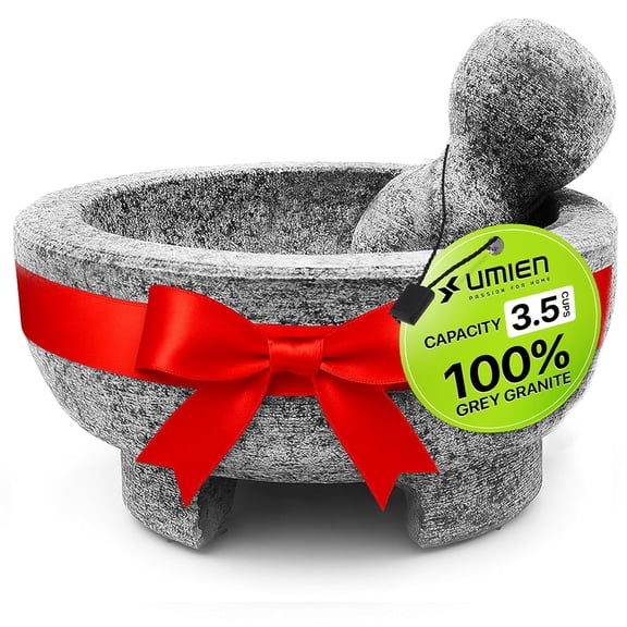 Granite Mortar and Pestle Set - 8-Inch Natural Stone Molcajete with Avocado Tool - 3.5 Cup Capacity for Spices, Herbs, Pestos & Guacamole - Premium Kitchen Gift (Grey)