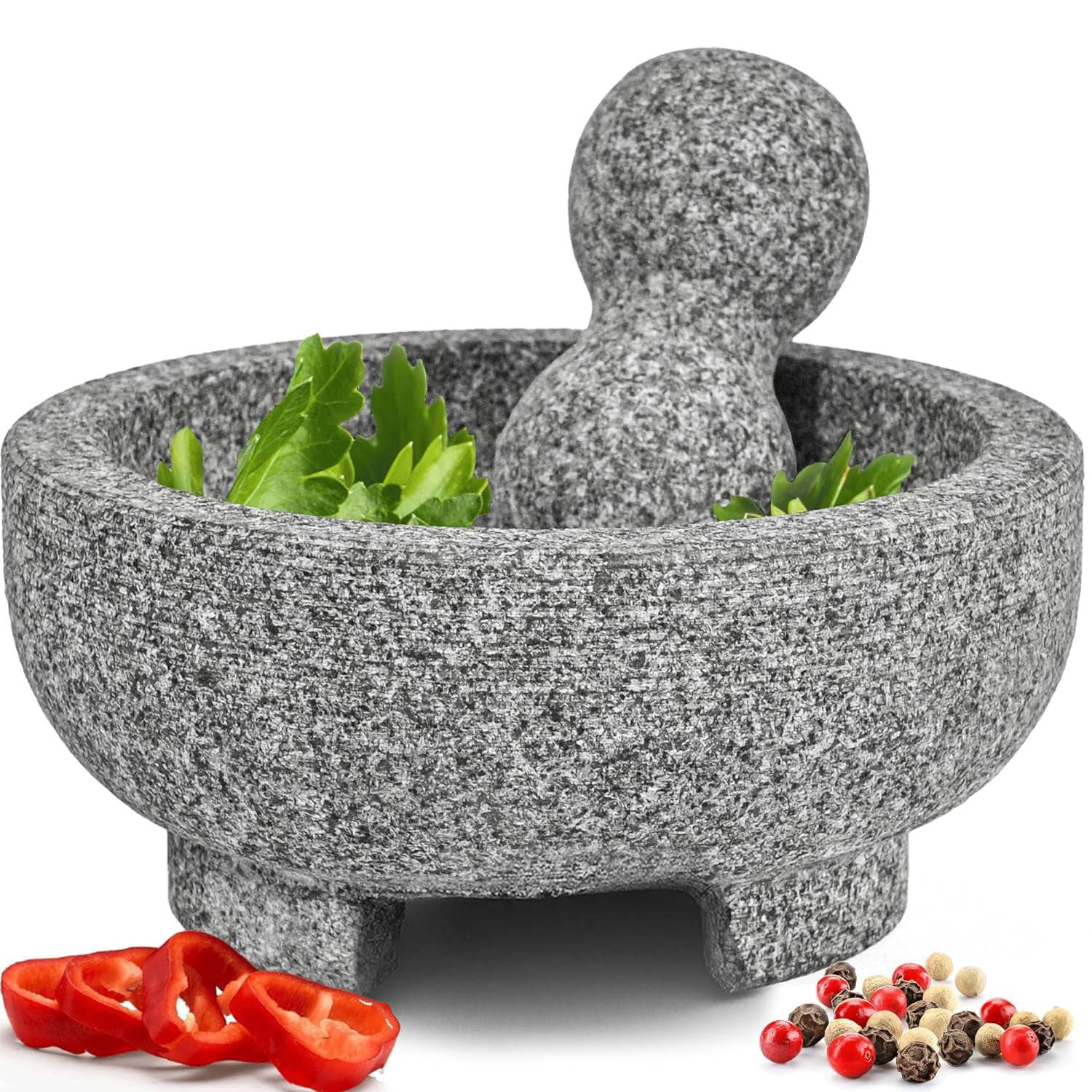 Granite Mortar and Pestle Set - 8 Inch Natural Stone Molcajete Mexicano