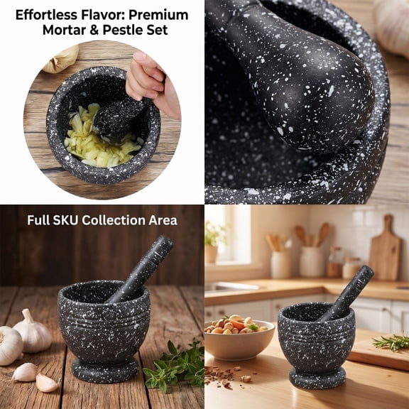Granite Mortar and Pestle Set, Non-Slip Base Manual Spice Grinder, for Mashing Garlic, Grinding Herbs and Making Paste, Daily Home Cooking Use, Durable Black Stone Kitchen