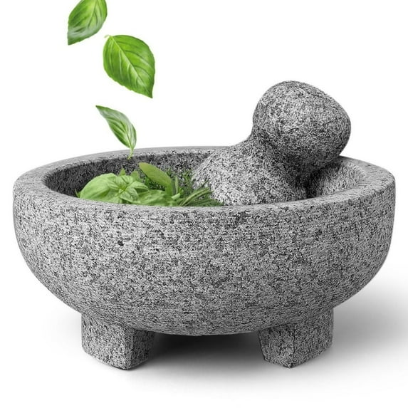 Granite Mortar and Pestle Set - Solid Granite Stone Grinder Bowl Holder 6 Inch Molcajete For Guacamole, Herbs, Spices, Garlic, Kitchen, Cooking, Medicine