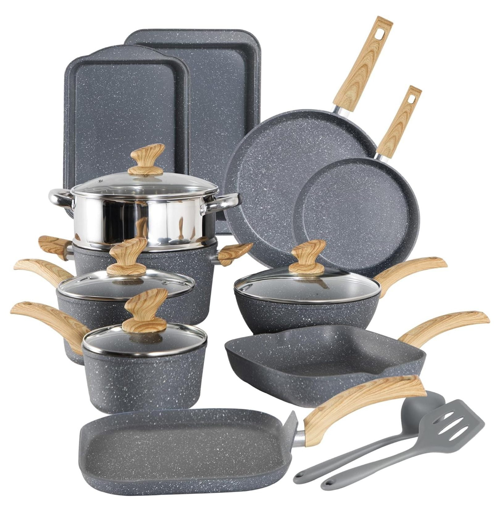 Granite Nonstick Cookware Set 17 Piece Gray Cooking Pans Set