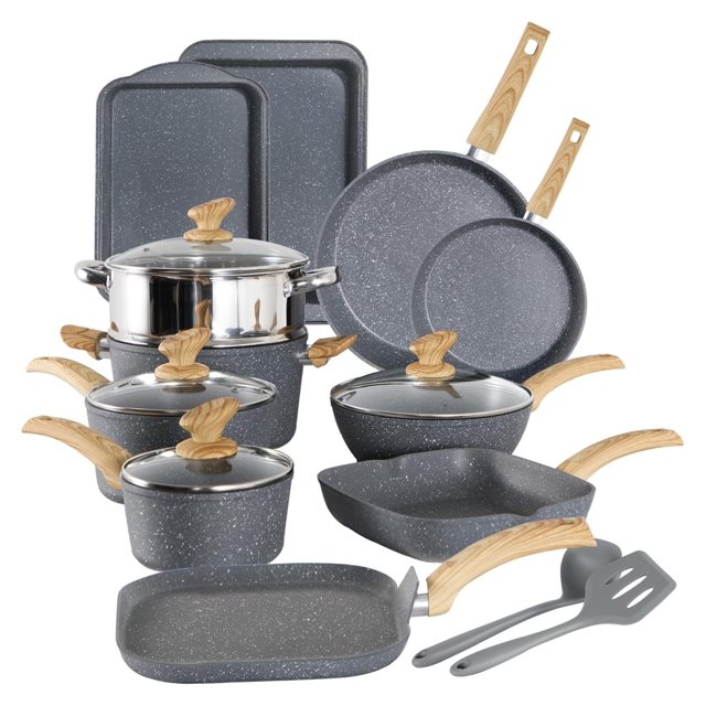 Granite Nonstick Cookware Set 17 Piece Gray Cooking Pans Set